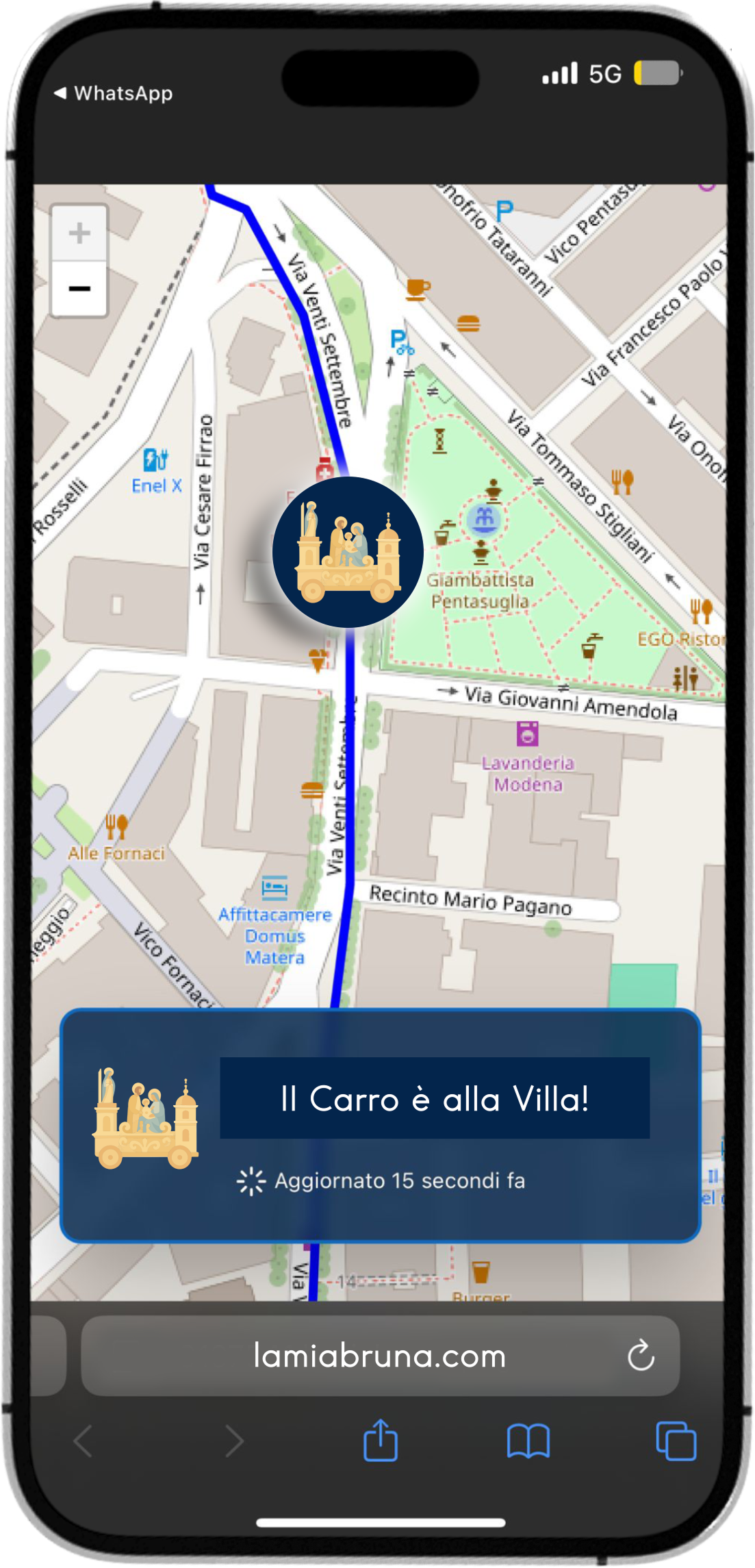 screenshot dell'applicatione in funzione che mostra la mappa di Matera con il percorso della Festa e la posizione in tempo reale del carro della Bruna