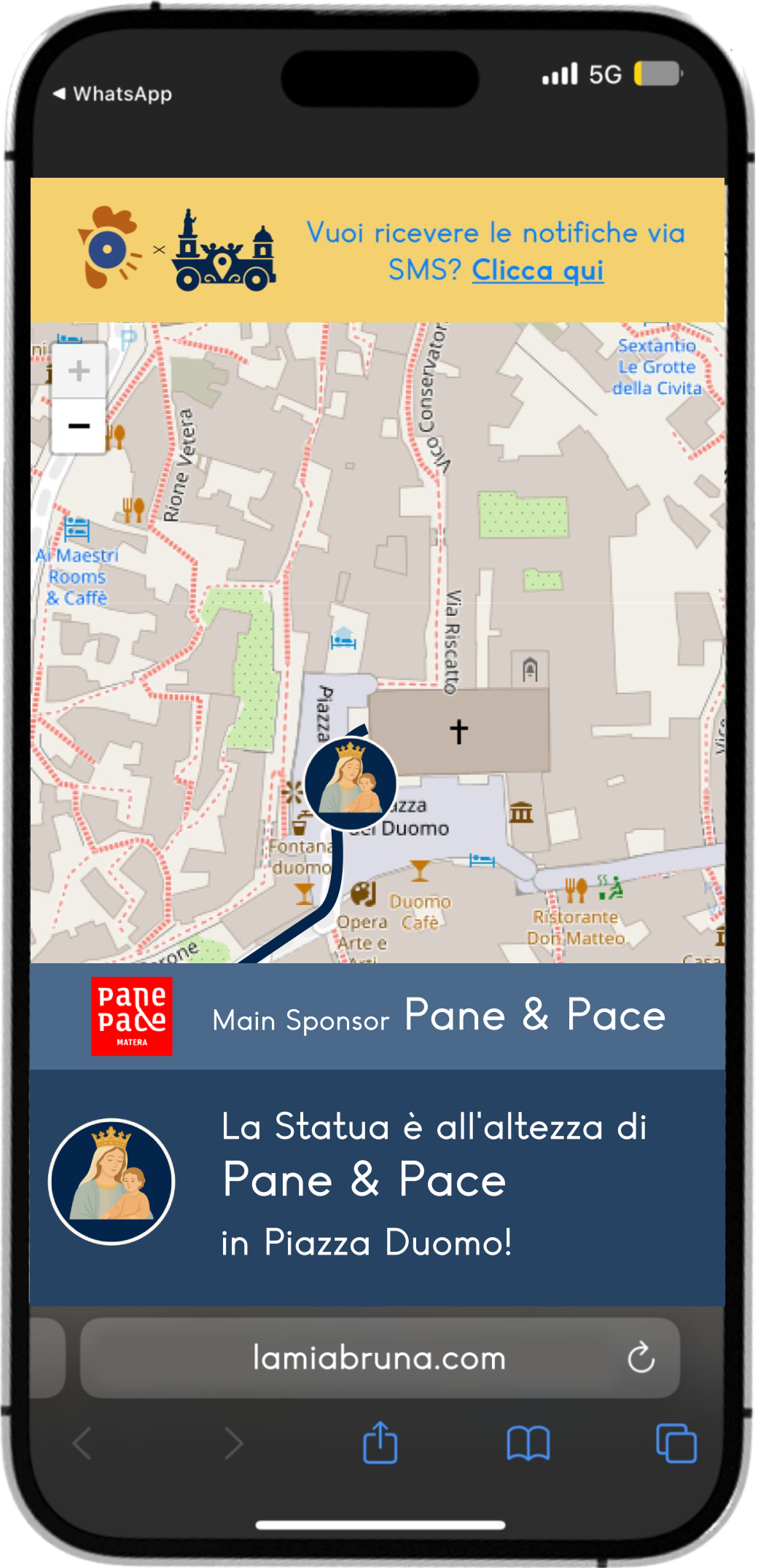 screenshot dell'applicatione in funzione che mostra la mappa di Matera con il percorso della Festa e la posizione in tempo reale del carro della Bruna